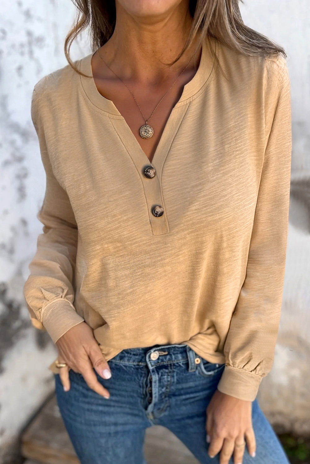 Casual Button V Neck Long Sleeve T-Shirt at In Style Chics Boutique 