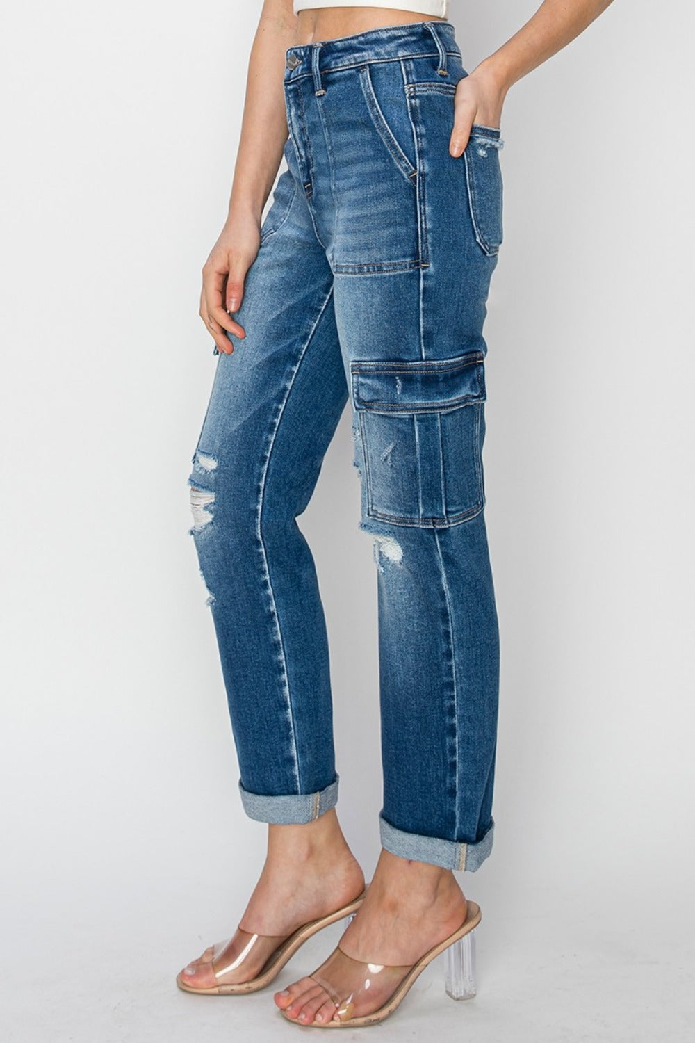 RISEN Full Size High Rise Cargo Ankle Roll Up Straight Jeans - In Style Chics Boutique LLC