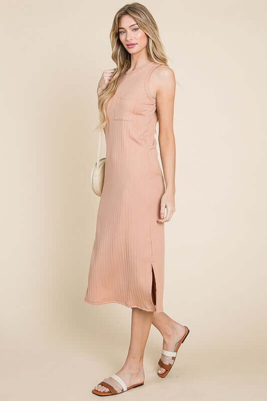 Ribbed Knit Sleeveless Midi Dress - Avoid Tariffs - Clothes Made in USA Online- In Style Chics Boutique Online Women's Juniors Apparel 