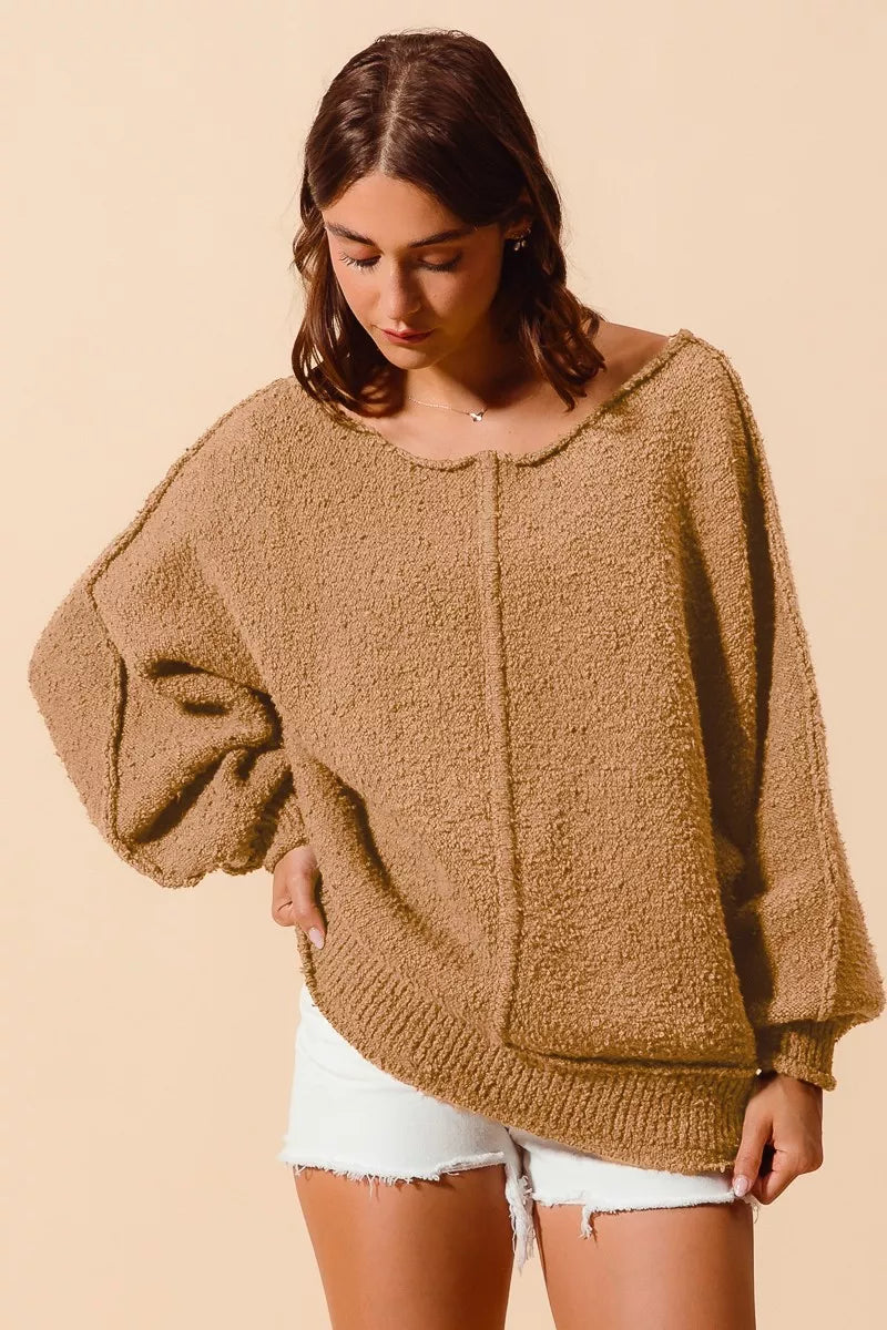 Loose Fit Exposed Seam Slouchy Boucle Sweater at In Style Chics Boutique 