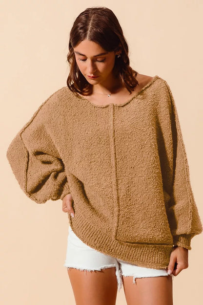 Loose Fit Exposed Seam Slouchy Boucle Sweater at In Style Chics Boutique 