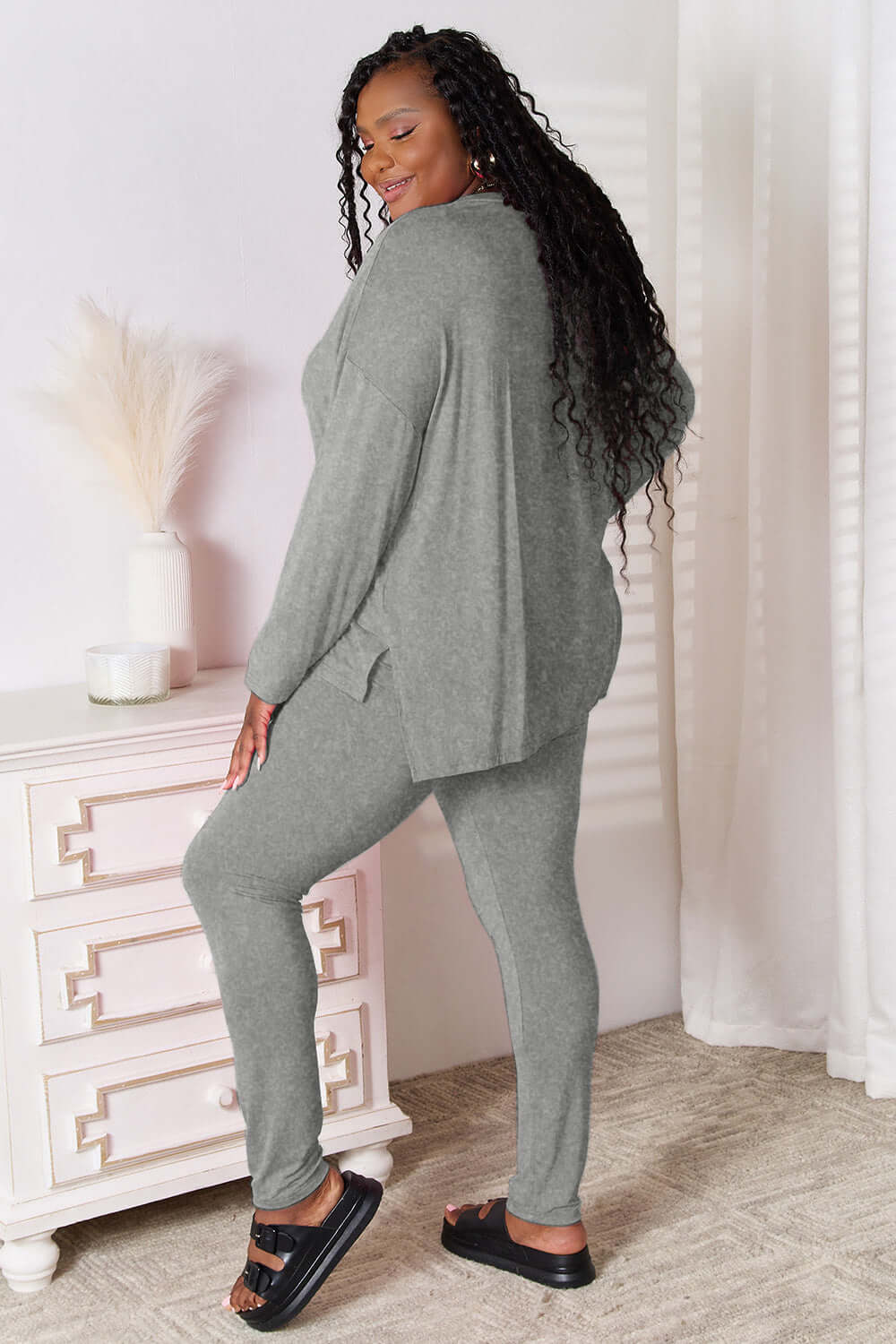 Basic Bae Bamboo Full Size V-Neck Long Sleeve Top and Pants Lounge Set - In Style Chics Boutique LLC
