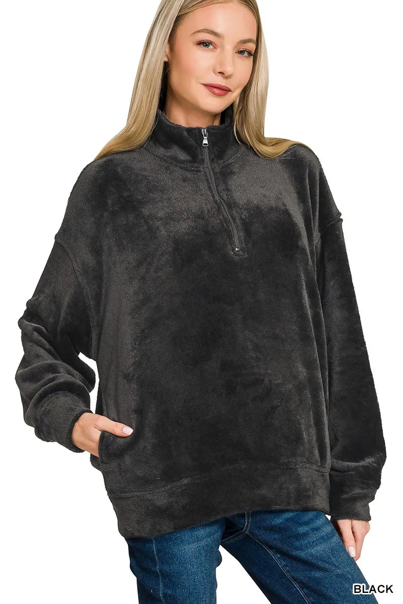 Faux Fur Half Zip Pocket Black Pullover