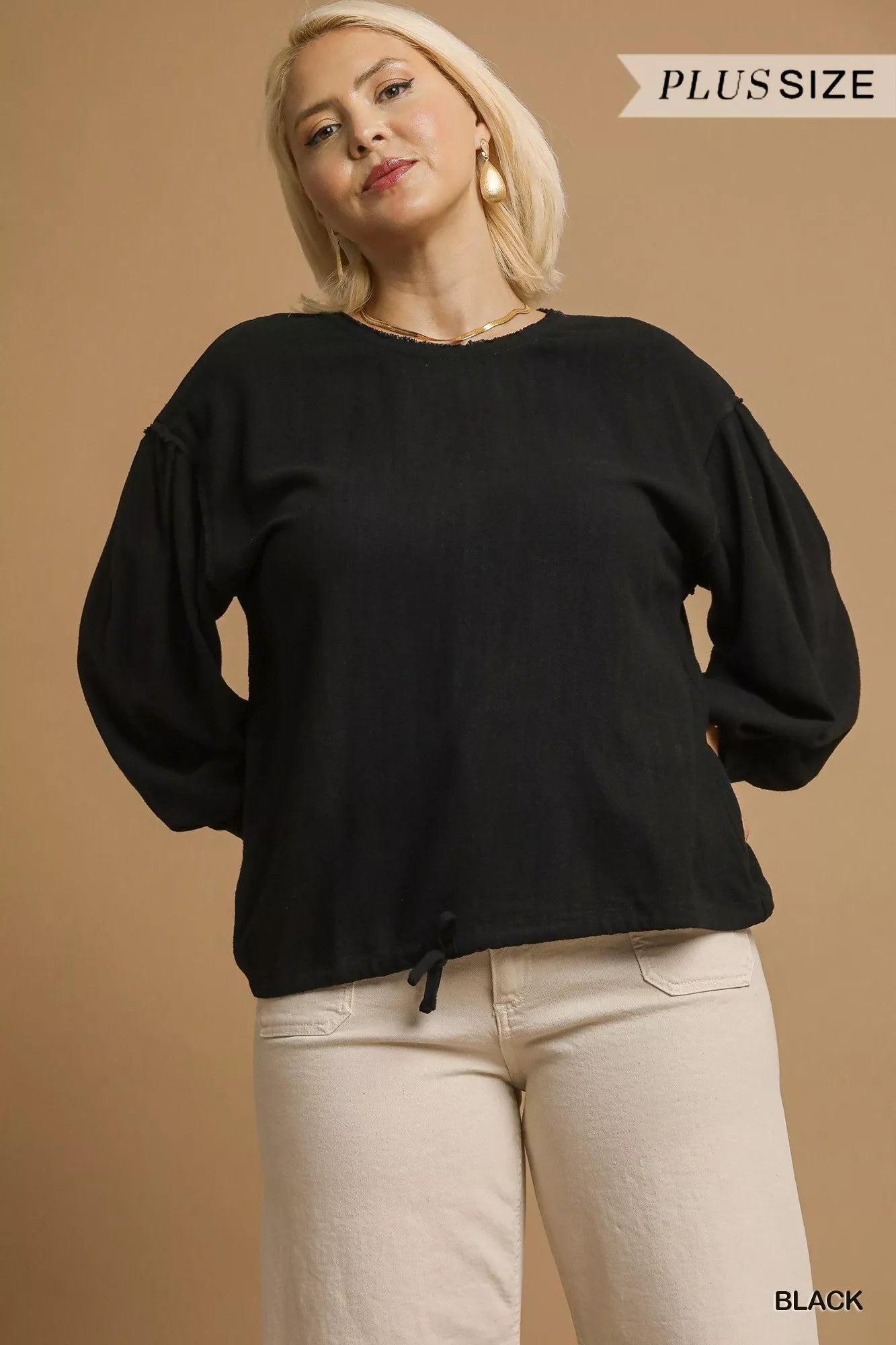 Linen Long Sleeve Plus Size Top with Drawstring  at In Style Chics Boutique 