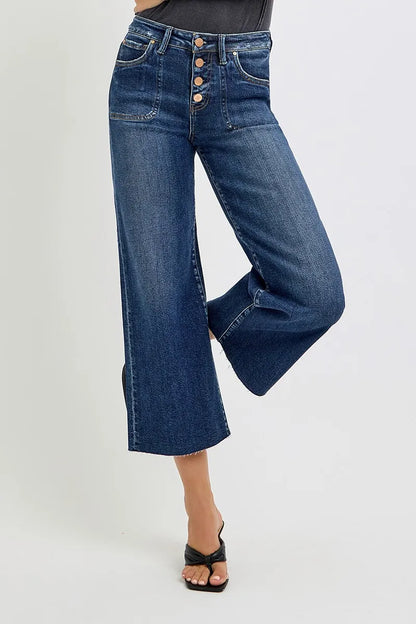 RISEN Cropped Jeans High Rise Wide Leg Button Up - In Style Chics Boutique 