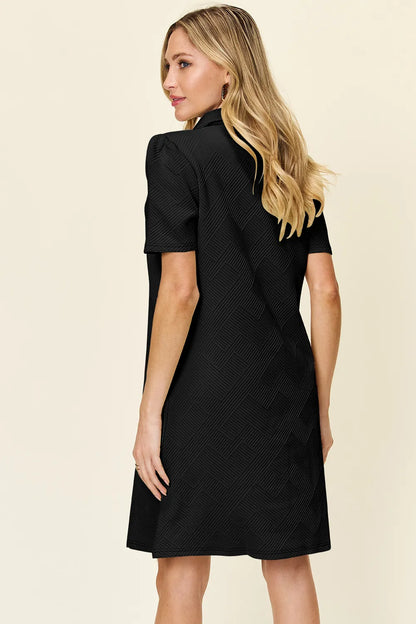 Short Sleeve Black Dress, Textured Collared Neck - In Style Chics Boutique Women's Juniors Plus Size Clothes 