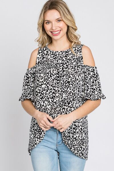 Leopard Round Neck Cold Shoulder T-Shirt Plus Size