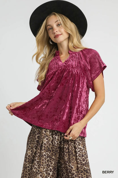 Crushed Velvet Pleated Blouse at In Style Chics Boutique 