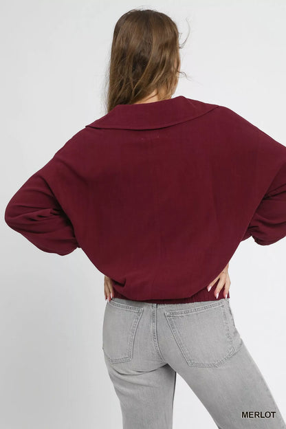 Linen Long Sleeves Elastic Hem Blouse in Merlot at In Style Chics Boutique 