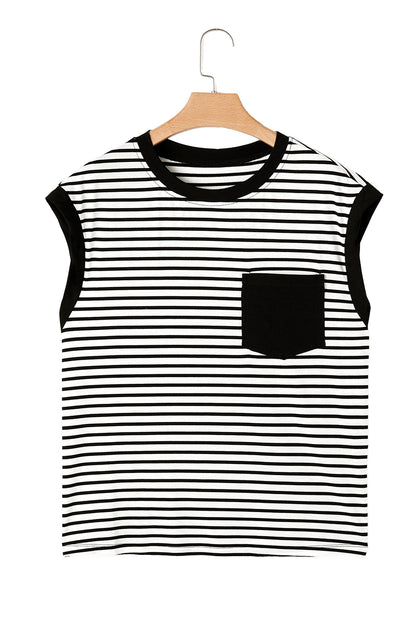Black Stripe Chest Pocket Patch Round Neck Sleeveless Tee - Cute Clothes for Spring Summer - In Style Chics Boutique Women's Juniors Apparel Online 