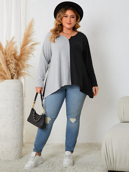 Plus Size Contrast Notched Neck T-Shirt - In Style Chics Boutique LLC