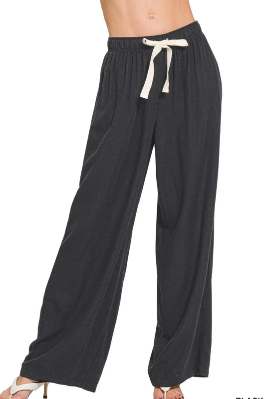 Linen Drawstring Black Pants for Women- In Style Chics Boutique 