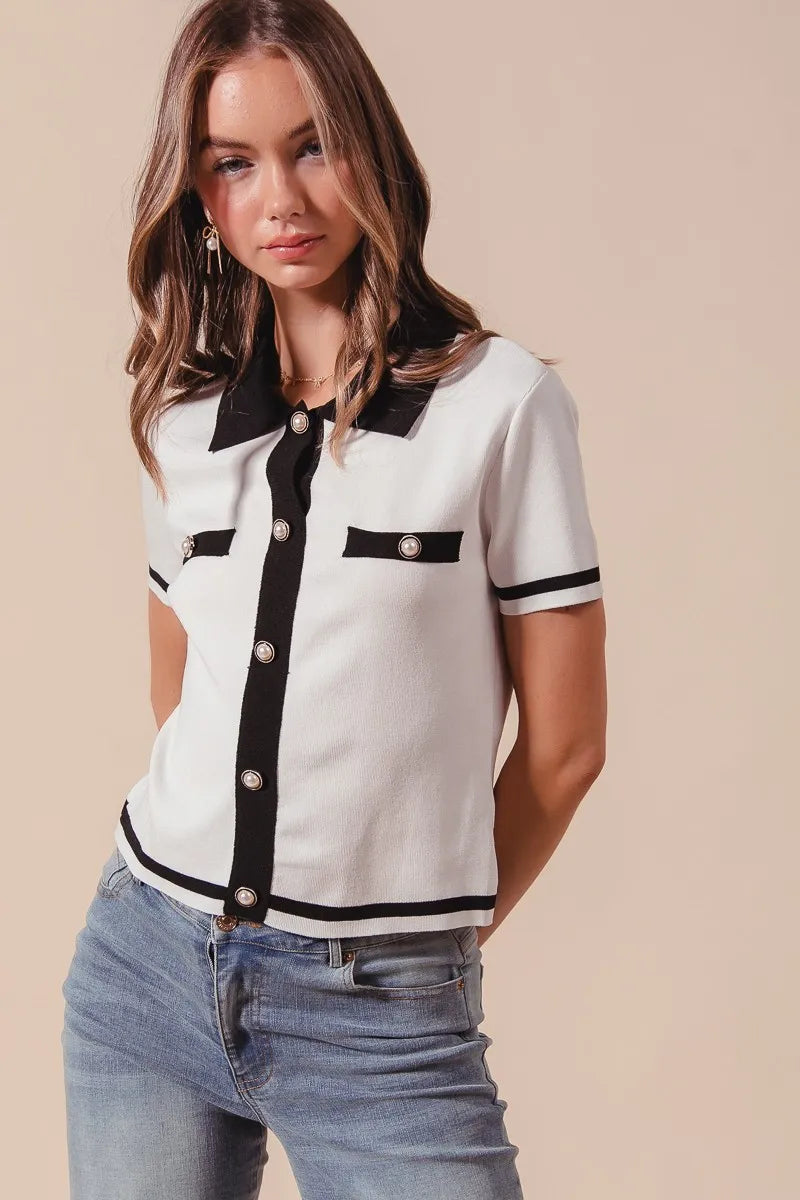 Button Down Knitted Short Sleeve Sweater  at In Style Chics Boutique 