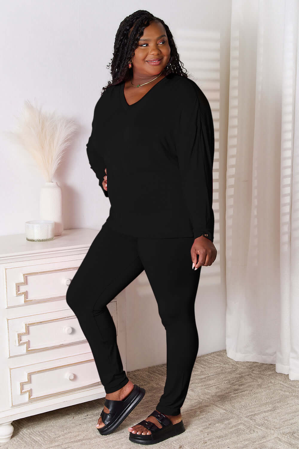 Basic Bae Bamboo Full Size V-Neck Long Sleeve Top and Pants Lounge Set - In Style Chics Boutique LLC