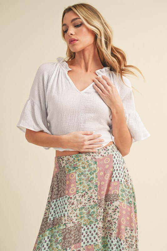 Aemi + Co Side Slit Notched Ruffled Half Sleeve Blouse - Cute Clothes Online - In Style Chics Boutique Women's Juniors Apparel 