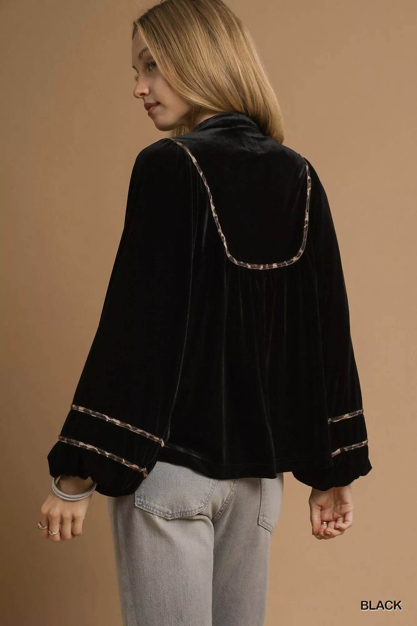 Velvet Long Sleeve Blouse with Contrast Trim at In Style Chics Boutique 