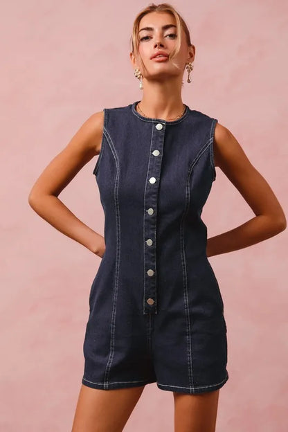 Washed Denim Sleeveless Romper Button Up Front - In Style Chics Boutique