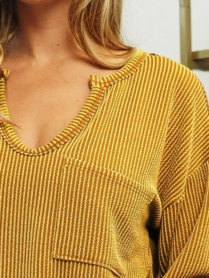 Shop Wavy Two Tone Rib Notch Neck Patch Pocket Mustard Top 💛 at In Style Chics Boutique 