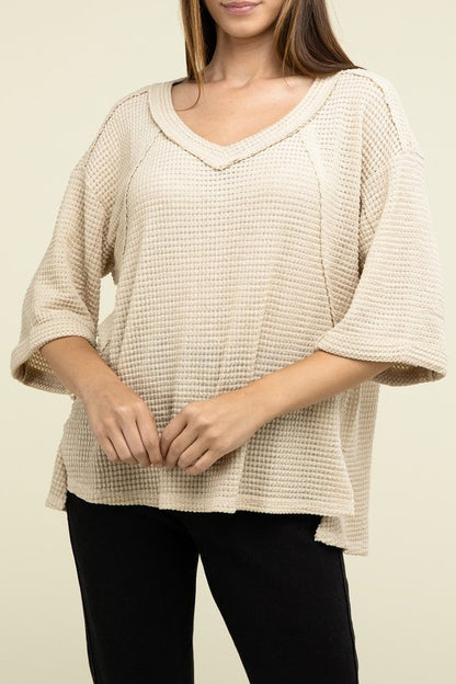 Brushed Waffle Exposed-Seam 3/4 Sleeve Top - In Style Chics Boutique LLC