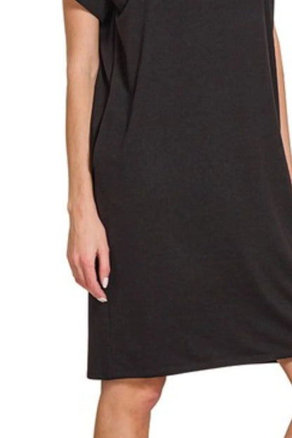 Black Dress, Rolled Short Sleeve Round Neck  - In Style Chics Boutique 