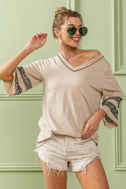 Triblend Knit Top with Leopard Band Detail