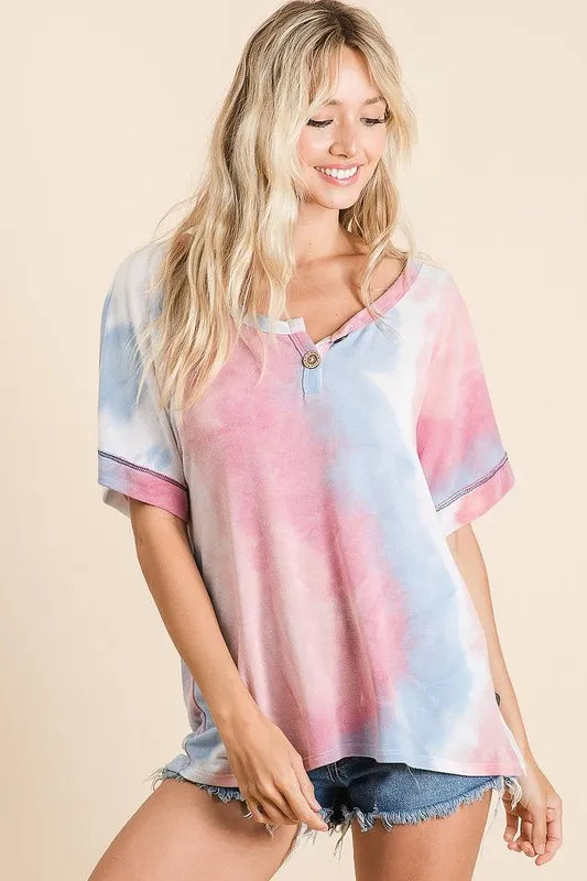Tie Dye French Terry Top With Buttoned Placket - In Style Chics Boutique 