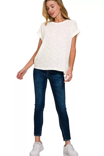 Zenana Hacci Slub Rolled Up Sleeve Tee