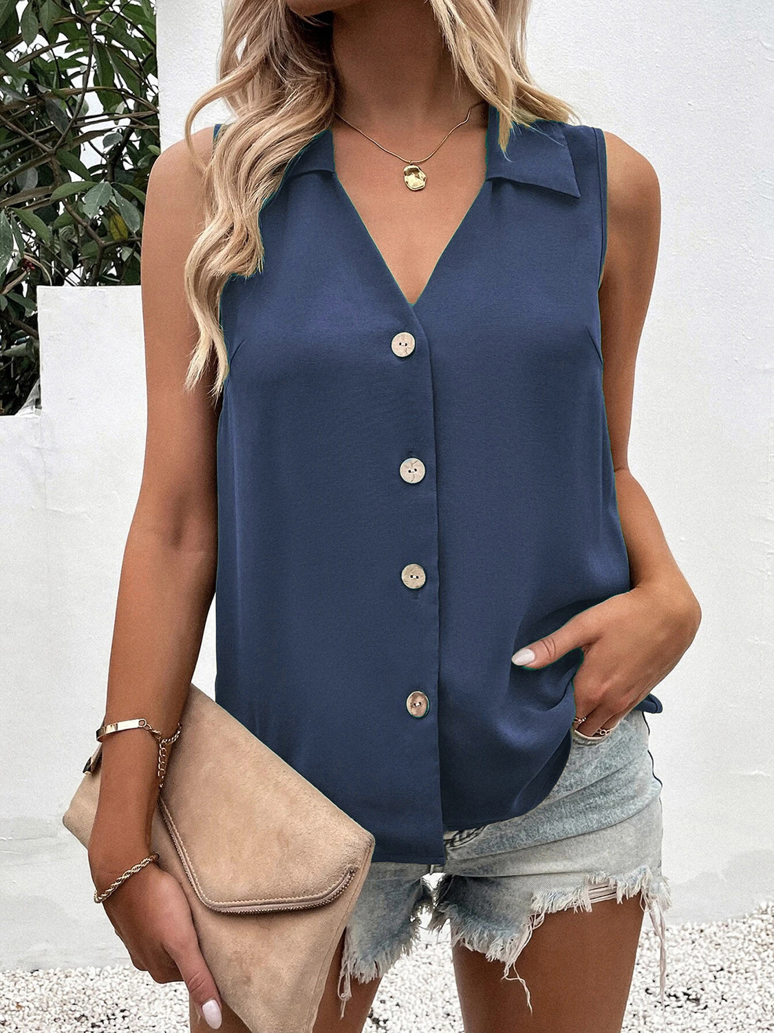 Full Size Johnny Collar Button Up Tank - More Colors! - In Style Chics Boutique LLC