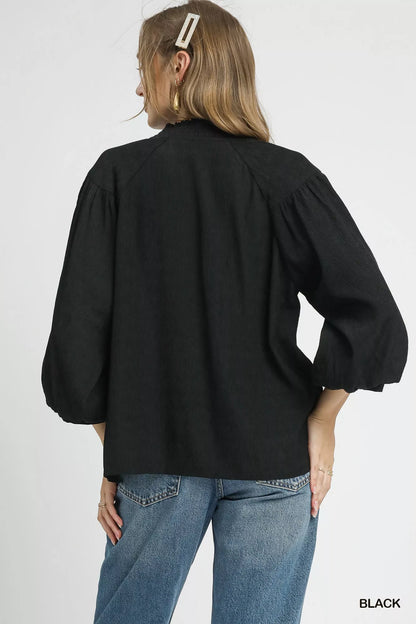 Textured V-Neck Black Blouse with Balloon Sleeves at In Style Chics Boutique 