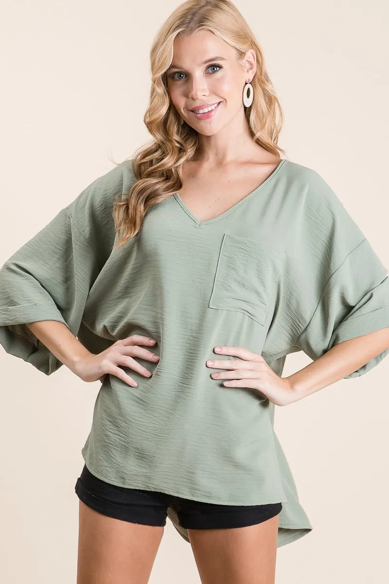 V-Neck Top,Flowy with Rolled Up Cuffs at In Style Chics Boutique 