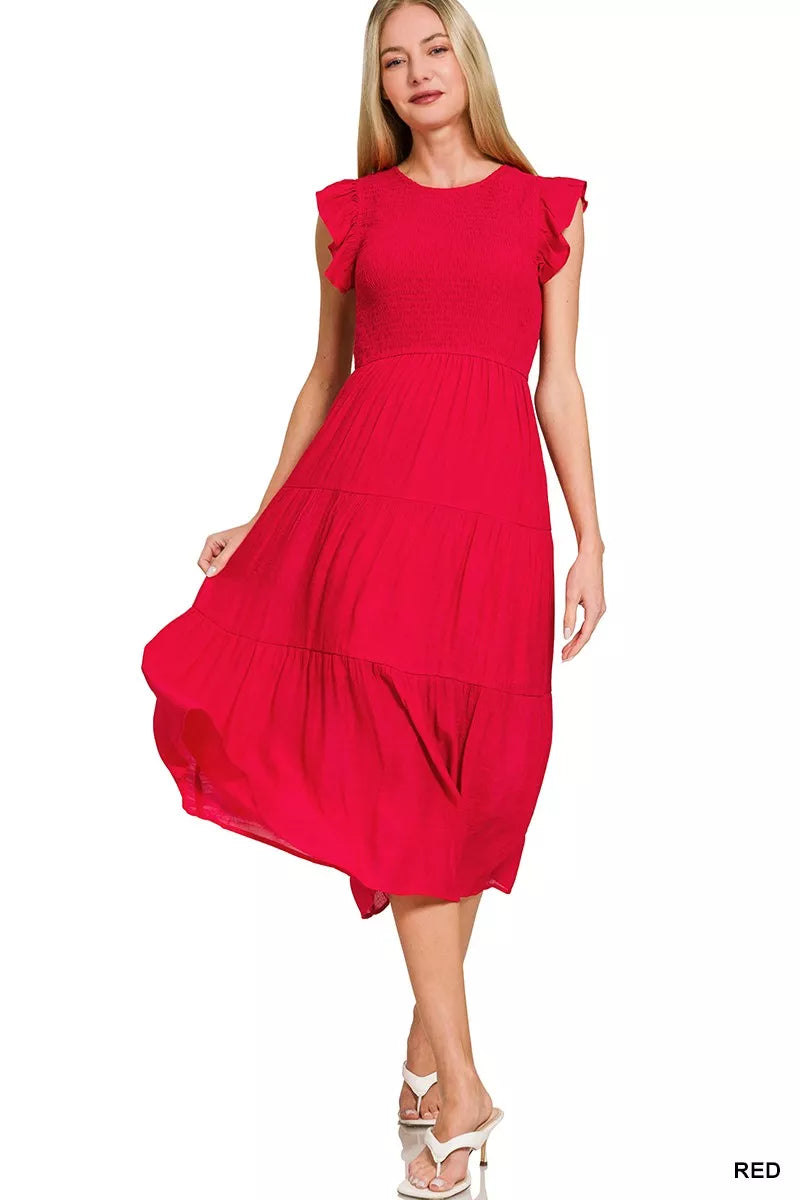 Red Smocked Midi Dress with Ruffle Sleeves & Flowy Tiered Skirt ❤️
