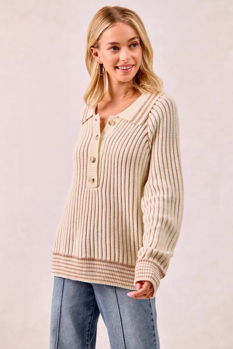 Half Button Ribbed Two Tone Sweater at In Style Chics Boutique 