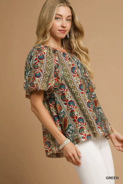 Boho Blouse, Floral Stripe Puff Sleeve at In Style Chics Boutique 