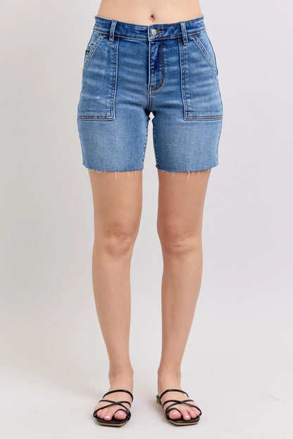 Judy Blue Mid Rise Bermuda Denim Jean Shorts W/ Back Flap Pockets - In Style Chics Boutique 