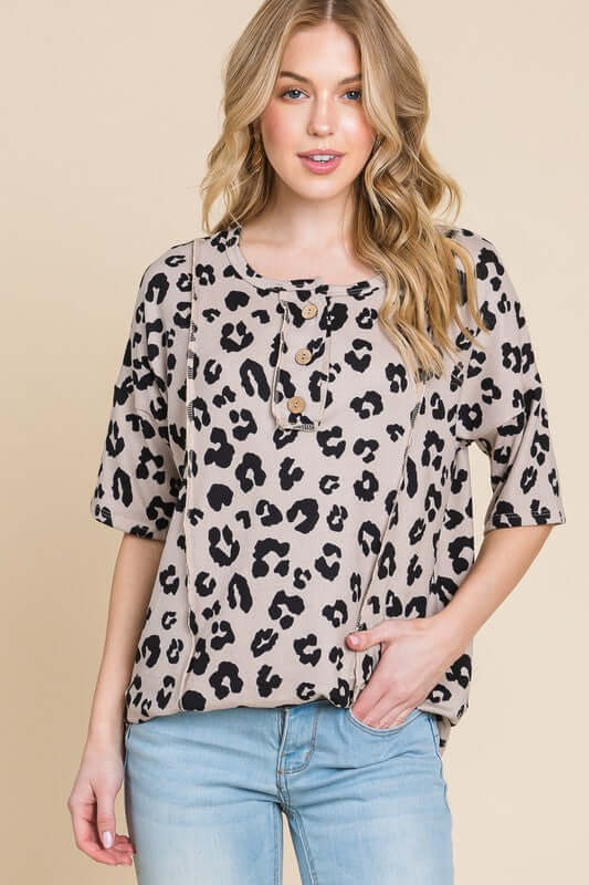 Button Detail Exposed Seam Leopard Half Sleeve Top - Cute Clothing Online Women's Juniors Apparel - In Style Chics Boutique 