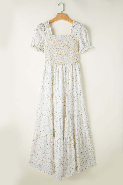 White Frill Neckline Shirred Bodice Floral Maxi Dress - In Style Chics Boutique Online Clothing Women's Juniors Apparel 