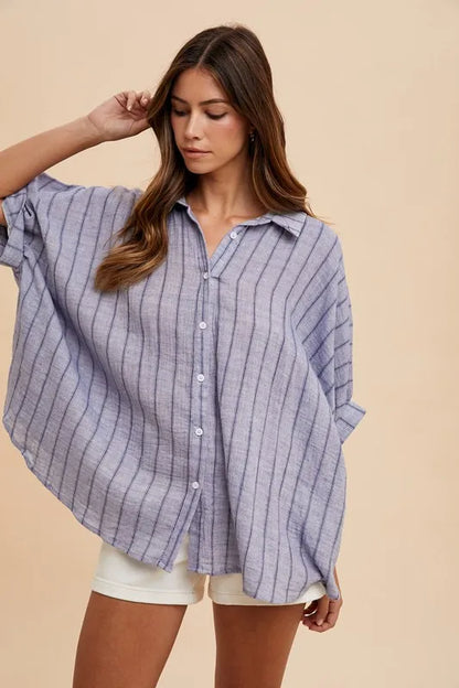 Shop this Striped Button Up Half Sleeve Shirt at In Style Chics Boutique 