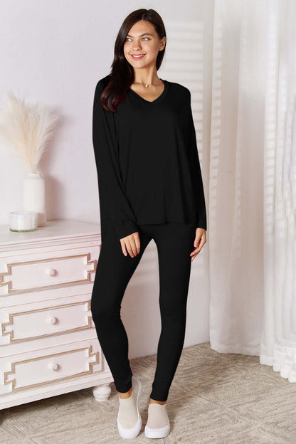 Basic Bae Bamboo Full Size V-Neck Long Sleeve Top and Pants Lounge Set - In Style Chics Boutique LLC