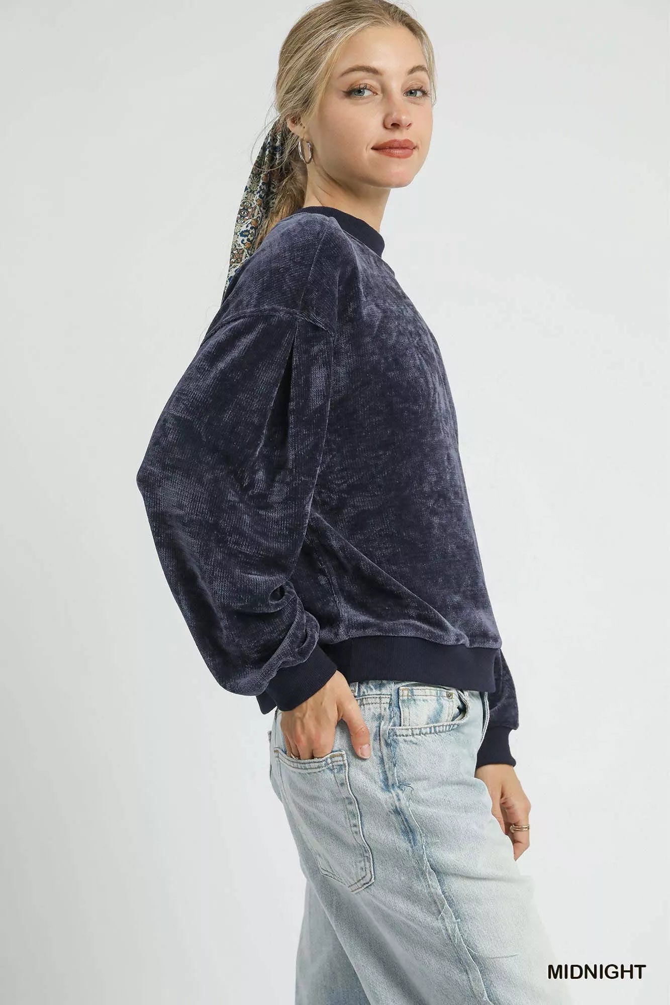 Velour Crewneck Sweatshirt with Balloon Sleeves at In Style Chics Boutique 