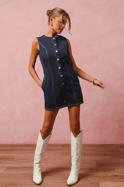 Washed Denim Sleeveless Romper Button Up Front - In Style Chics Boutique