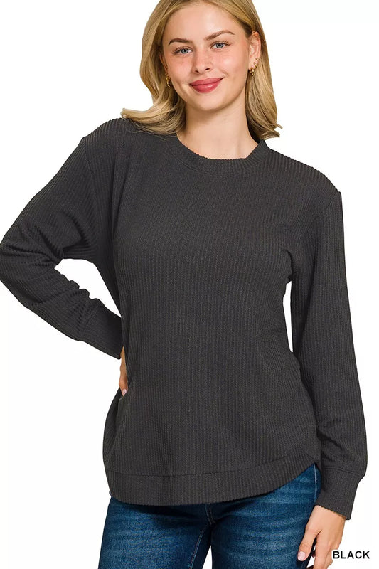 Long Sleeve Black Top, Raised Rib Round Neck  at In Style Chics Boutique 