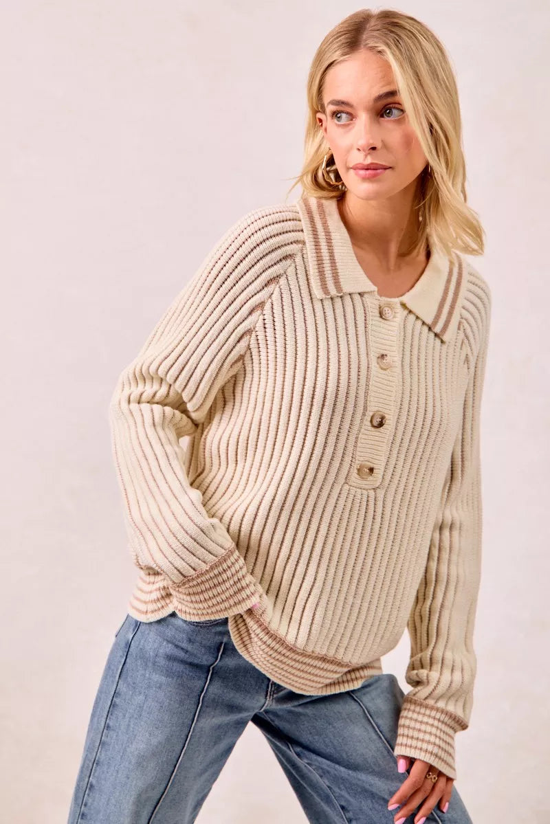 Half Button Ribbed Two Tone Sweater at In Style Chics Boutique 