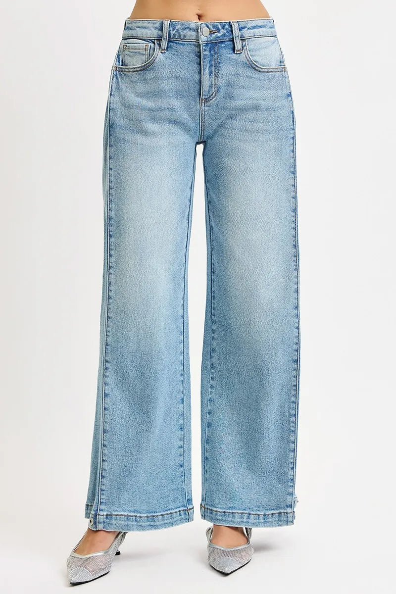 RISEN Mid Rise Wide Barrel Transferable Leg Snap Jeans at In Style Chics Boutique