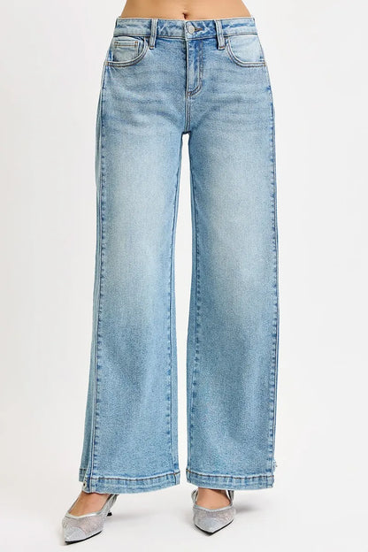 RISEN Mid Rise Wide Barrel Transferable Leg Snap Jeans at In Style Chics Boutique