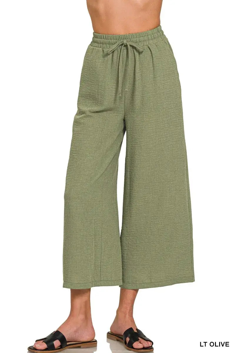 Women's Cropped Pants - Woven Crepe Elastic Waist - In Style Chics Boutique Women's Juniors Fashion Style Online 