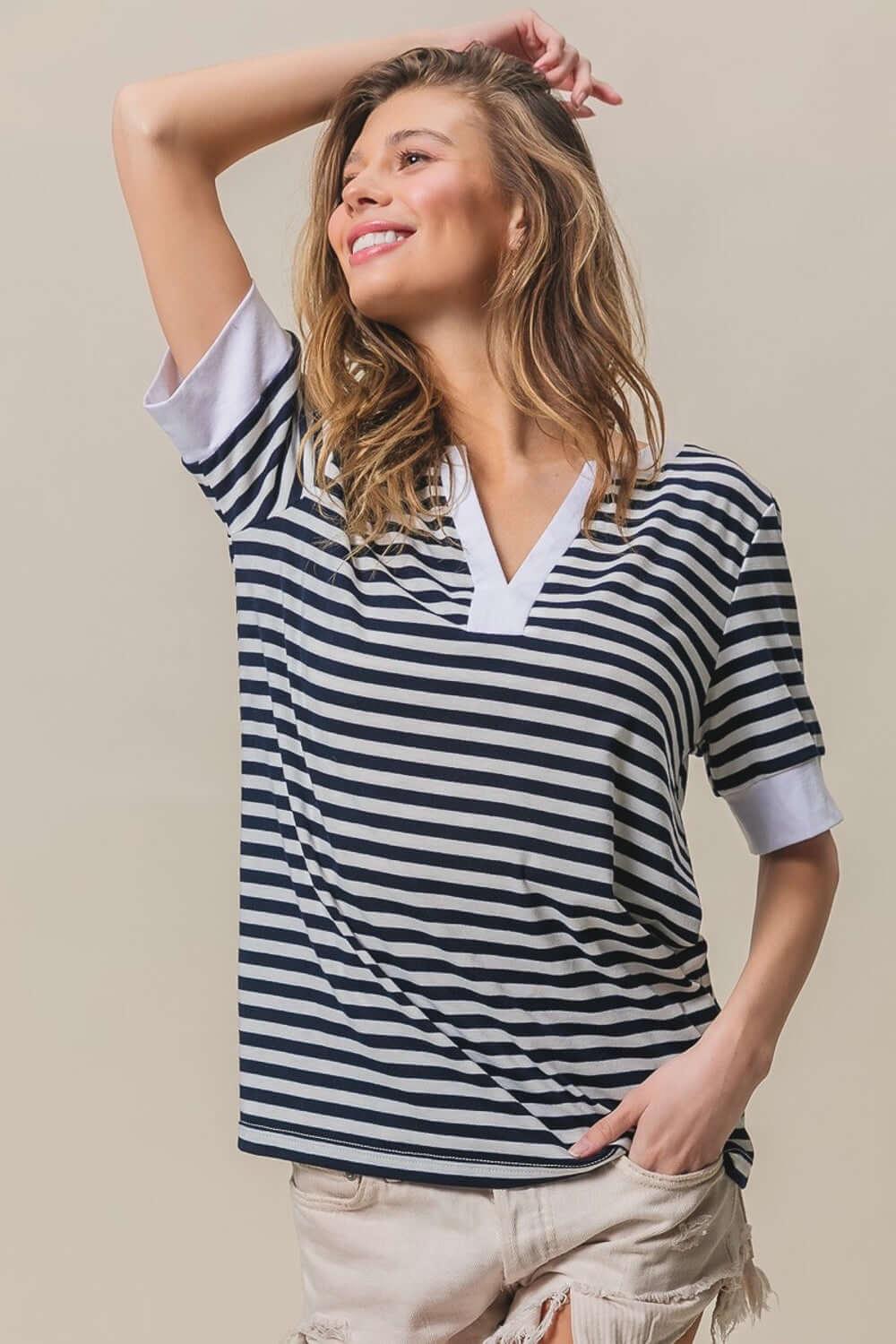 BiBi Contrast Striped Notched Knit Top - In Style Chics Boutique Women's Juniors Apparel Online 