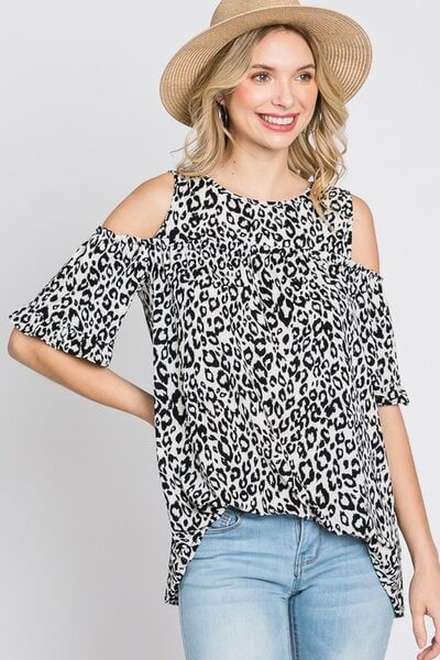 Leopard Round Neck Cold Shoulder T-Shirt Plus Size