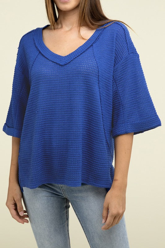 Brushed Waffle Exposed-Seam 3/4 Sleeve Top - In Style Chics Boutique LLC