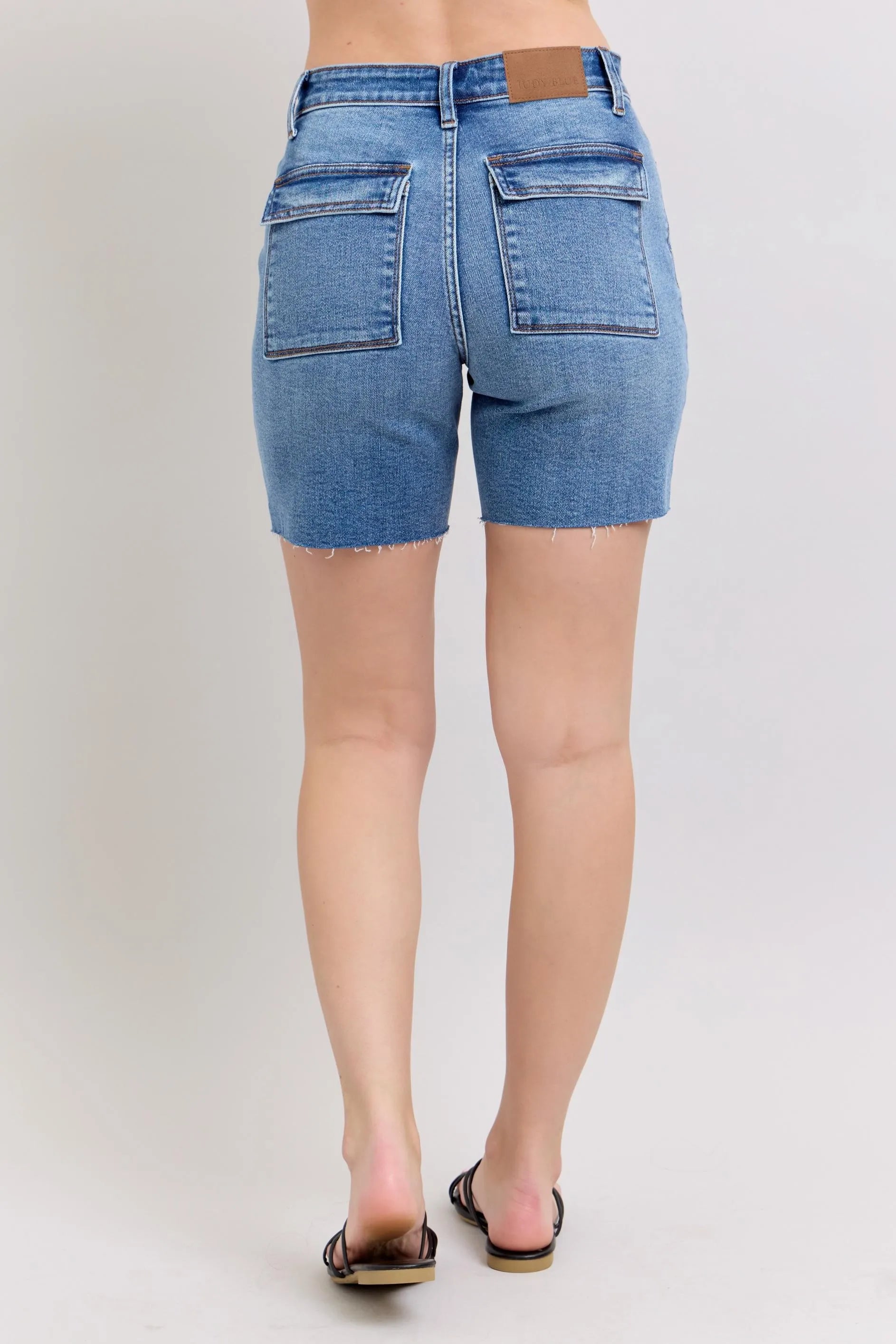 Judy Blue Mid Rise Bermuda Denim Jean Shorts W/ Back Flap Pockets - In Style Chics Boutique 