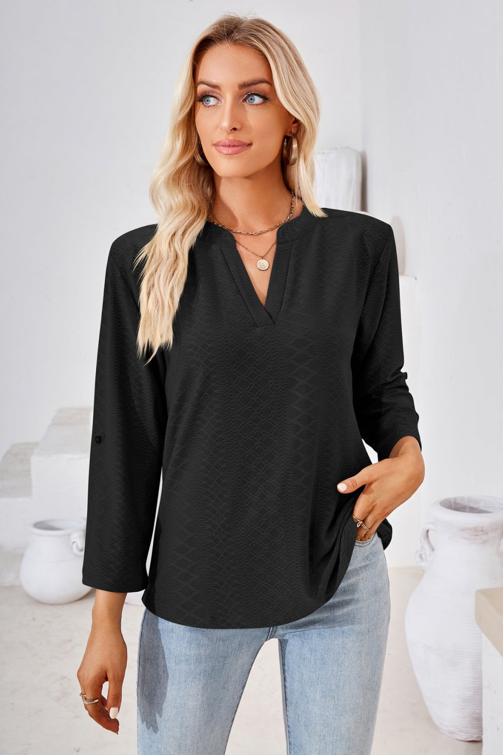 V-Neck Roll-Tap Sleeve Blouse - In Style Chics Boutique LLC